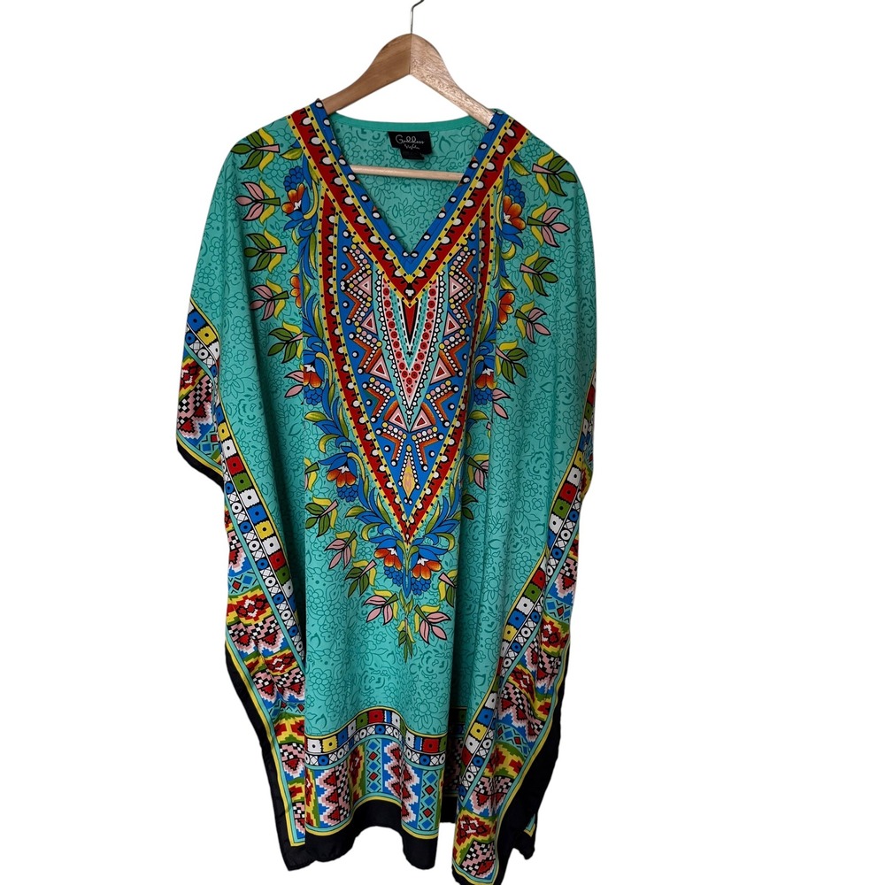Goddess by‎ Winlar Kaftan Womens OSFM Turquoise Dashiki Print Exc. Boho Dress